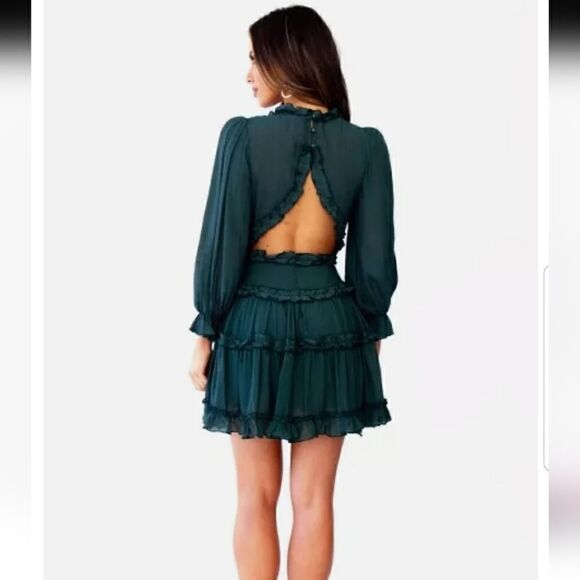 MEDIUM Green Ruffle Open Back Long Sleeve Dress BOHO NWOT - Picture 4 of 14